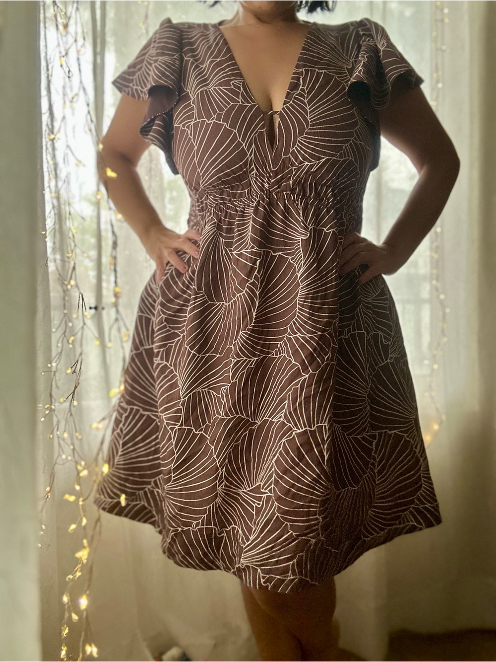 Women Short Flutter Sleeve Mini A-Line dress with Brown Floral Print